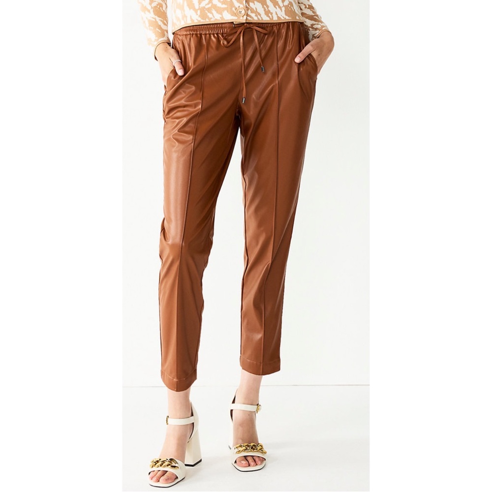 NWT Nine West Mid-Rise Pull-On Faux-Leather Pants Brown Size XXL